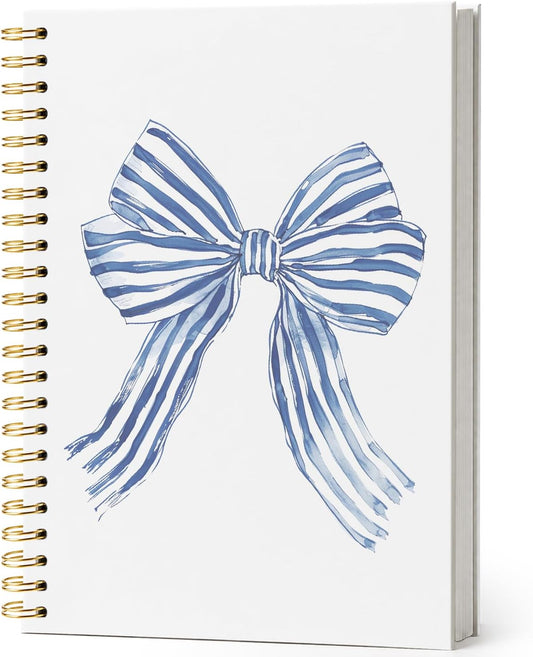 Blue Stripe Ribbon Bow Notebook,Trendy Coquette Lined Spiral Notebook Hardcover,College Ruled Notebook,Office School Journal Notebook for Work,5.5X8.3 Inch 80 Pages,Gifts for Women Teen Girl