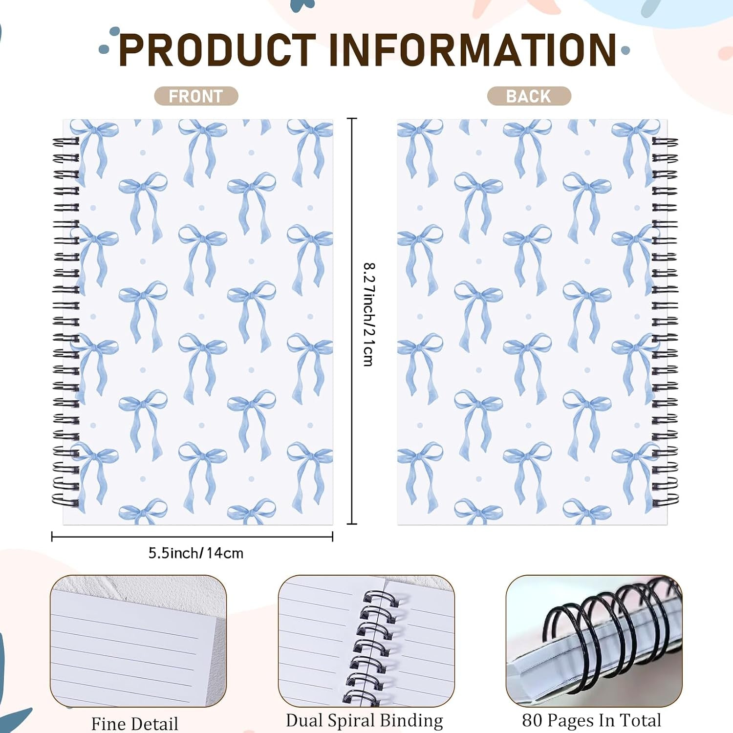 Blue Bow Notebook - Coquettte School Supplies Bow Journal Cute Note Book Preppy Back to School Stuff Study Supplies Stationery for Students Girly Teen 5.5X8.3 Inches