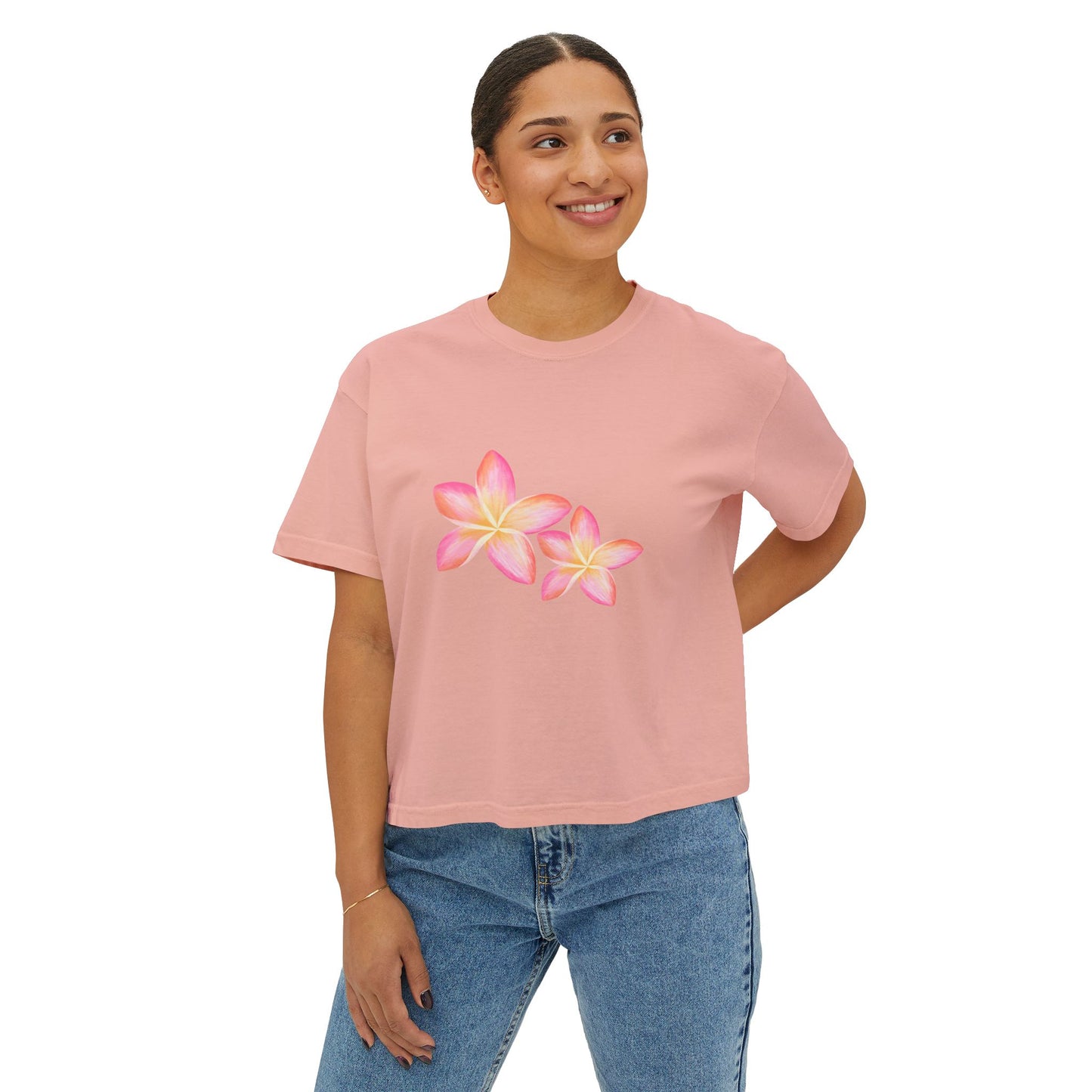 Plumeria Floral Boxy Tee — Pink Tropical Flower Crop Tee