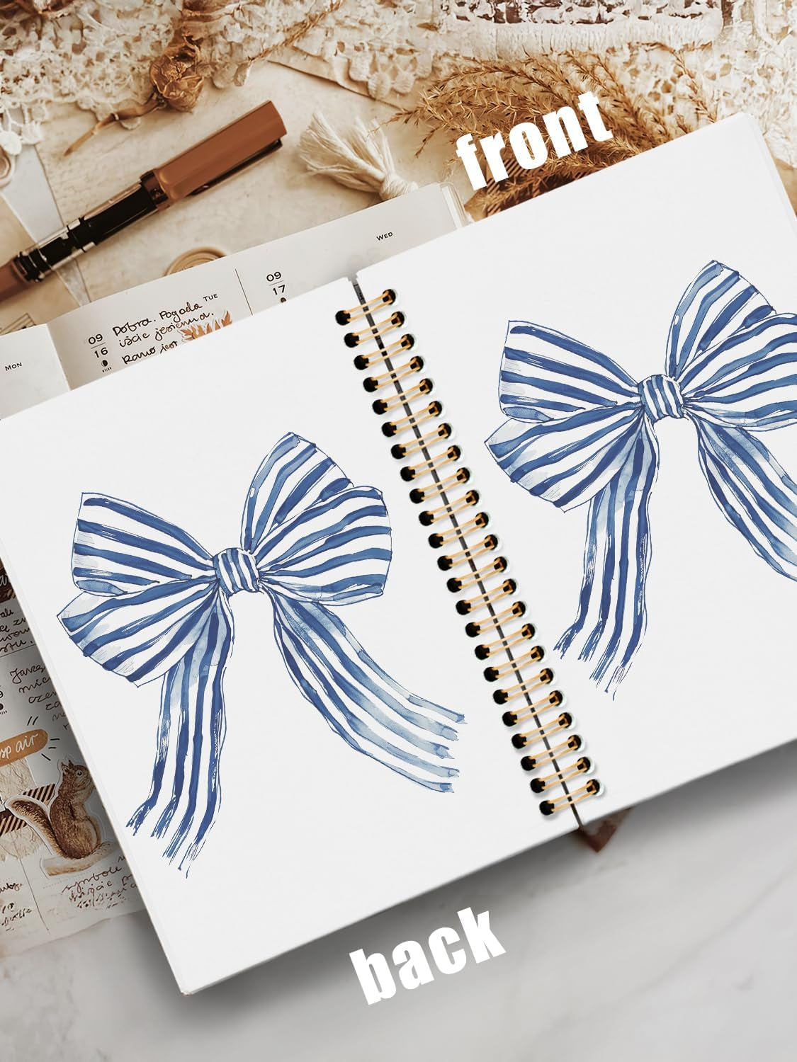 Blue Stripe Ribbon Bow Notebook,Trendy Coquette Lined Spiral Notebook Hardcover,College Ruled Notebook,Office School Journal Notebook for Work,5.5X8.3 Inch 80 Pages,Gifts for Women Teen Girl