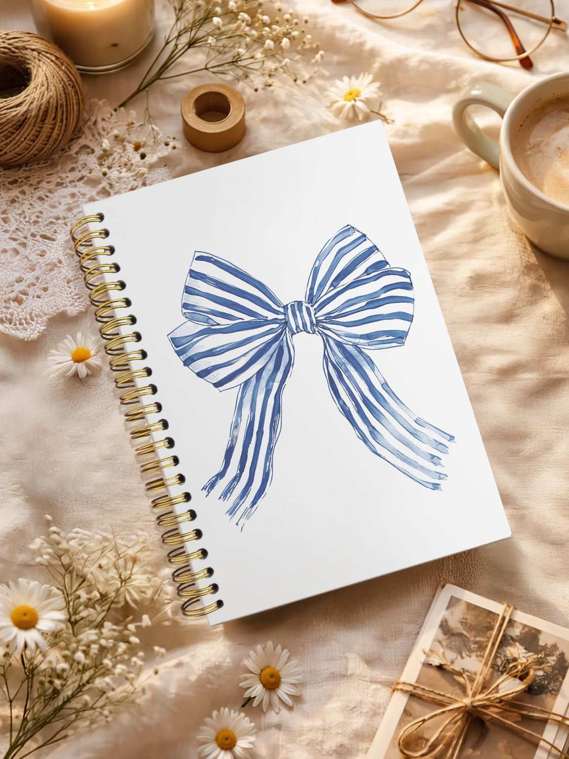 Blue Stripe Ribbon Bow Notebook,Trendy Coquette Lined Spiral Notebook Hardcover,College Ruled Notebook,Office School Journal Notebook for Work,5.5X8.3 Inch 80 Pages,Gifts for Women Teen Girl