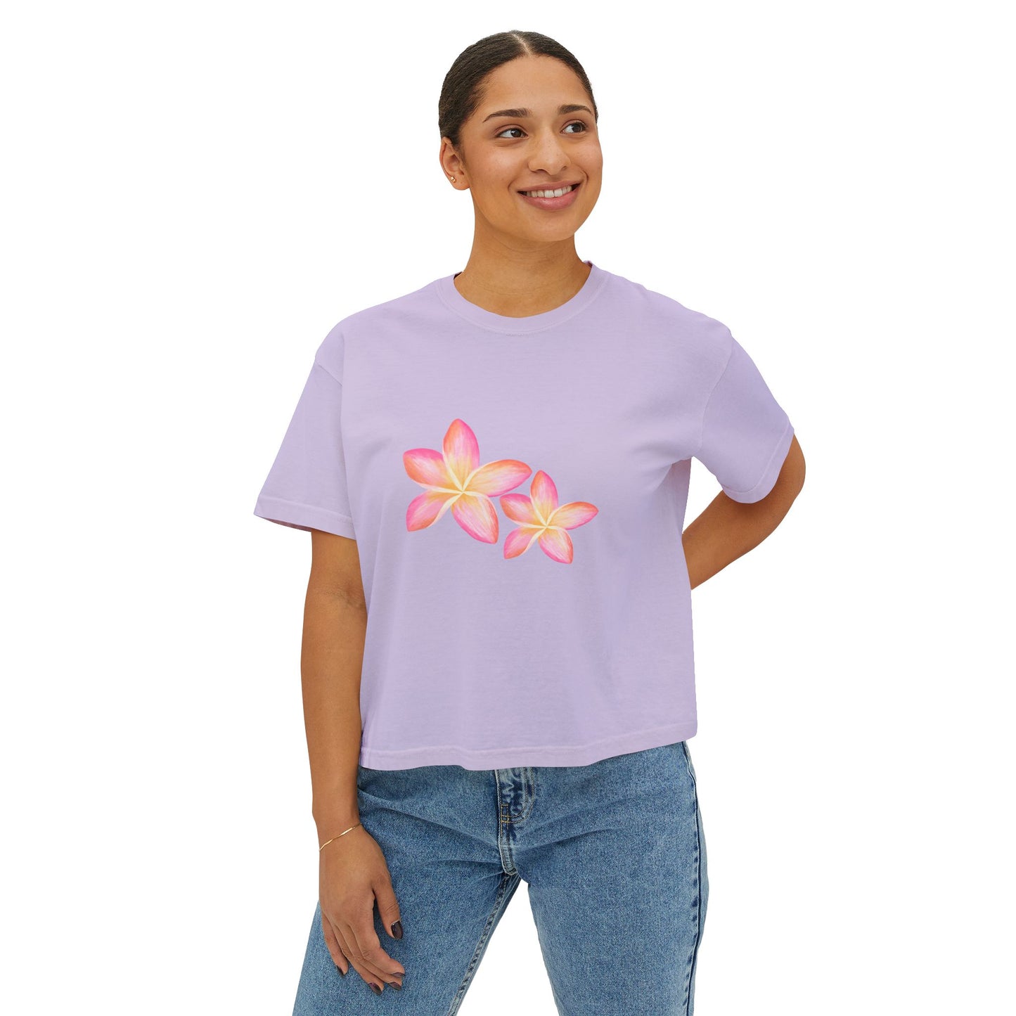 Plumeria Floral Boxy Tee — Pink Tropical Flower Crop Tee