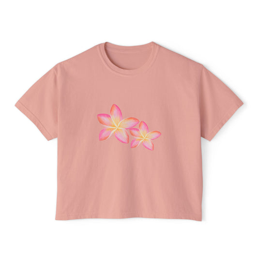 Plumeria Floral Boxy Tee — Pink Tropical Flower Crop Tee