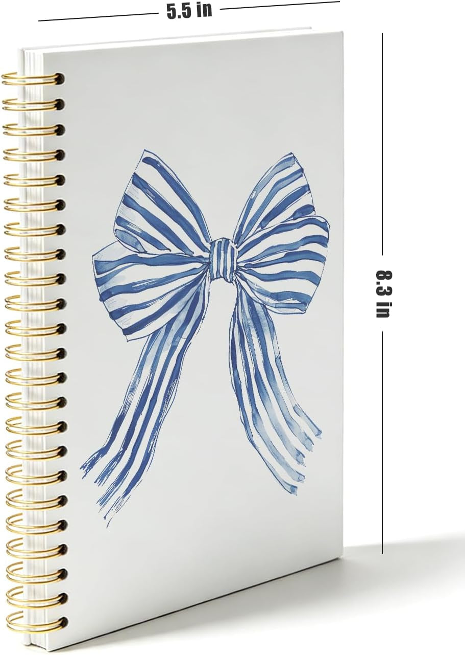 Blue Stripe Ribbon Bow Notebook,Trendy Coquette Lined Spiral Notebook Hardcover,College Ruled Notebook,Office School Journal Notebook for Work,5.5X8.3 Inch 80 Pages,Gifts for Women Teen Girl