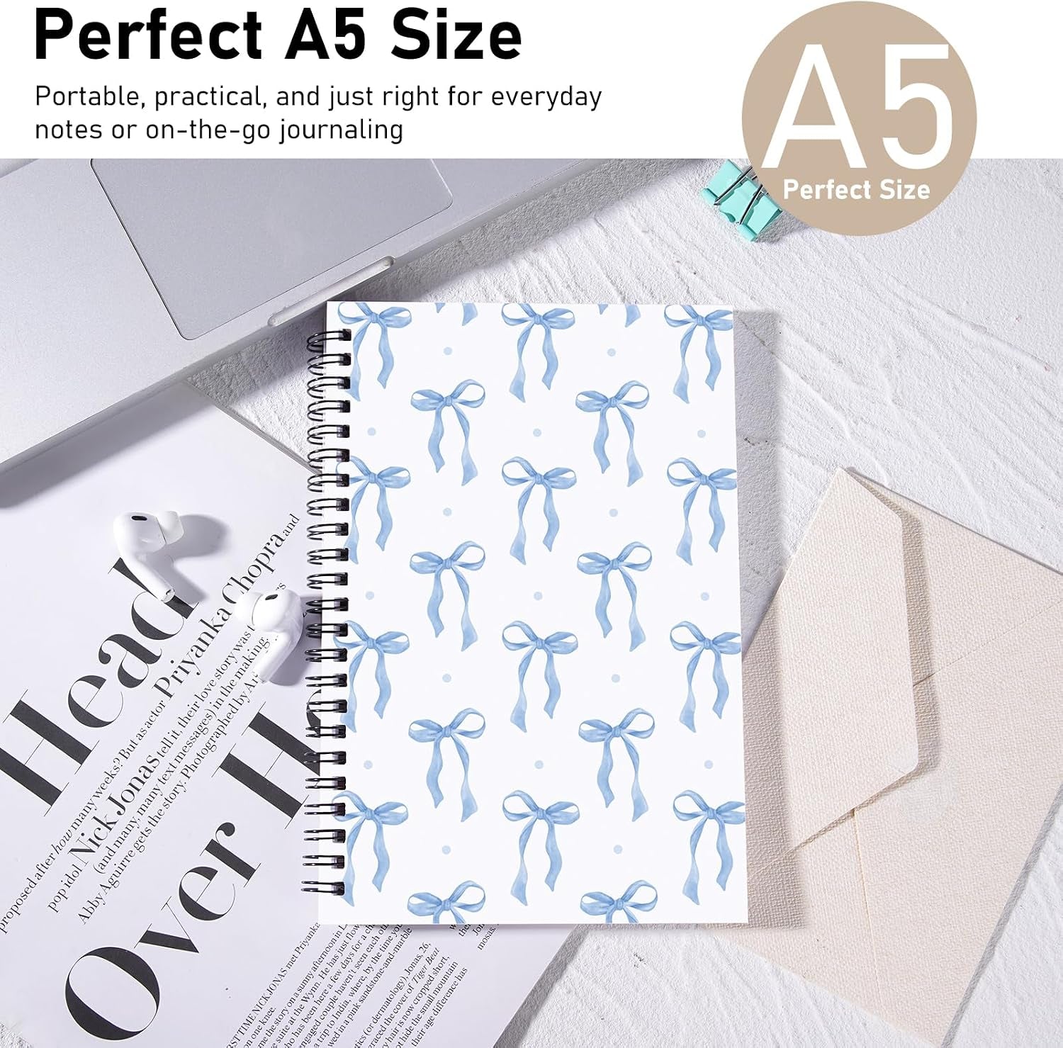 Blue Bow Notebook - Coquettte School Supplies Bow Journal Cute Note Book Preppy Back to School Stuff Study Supplies Stationery for Students Girly Teen 5.5X8.3 Inches